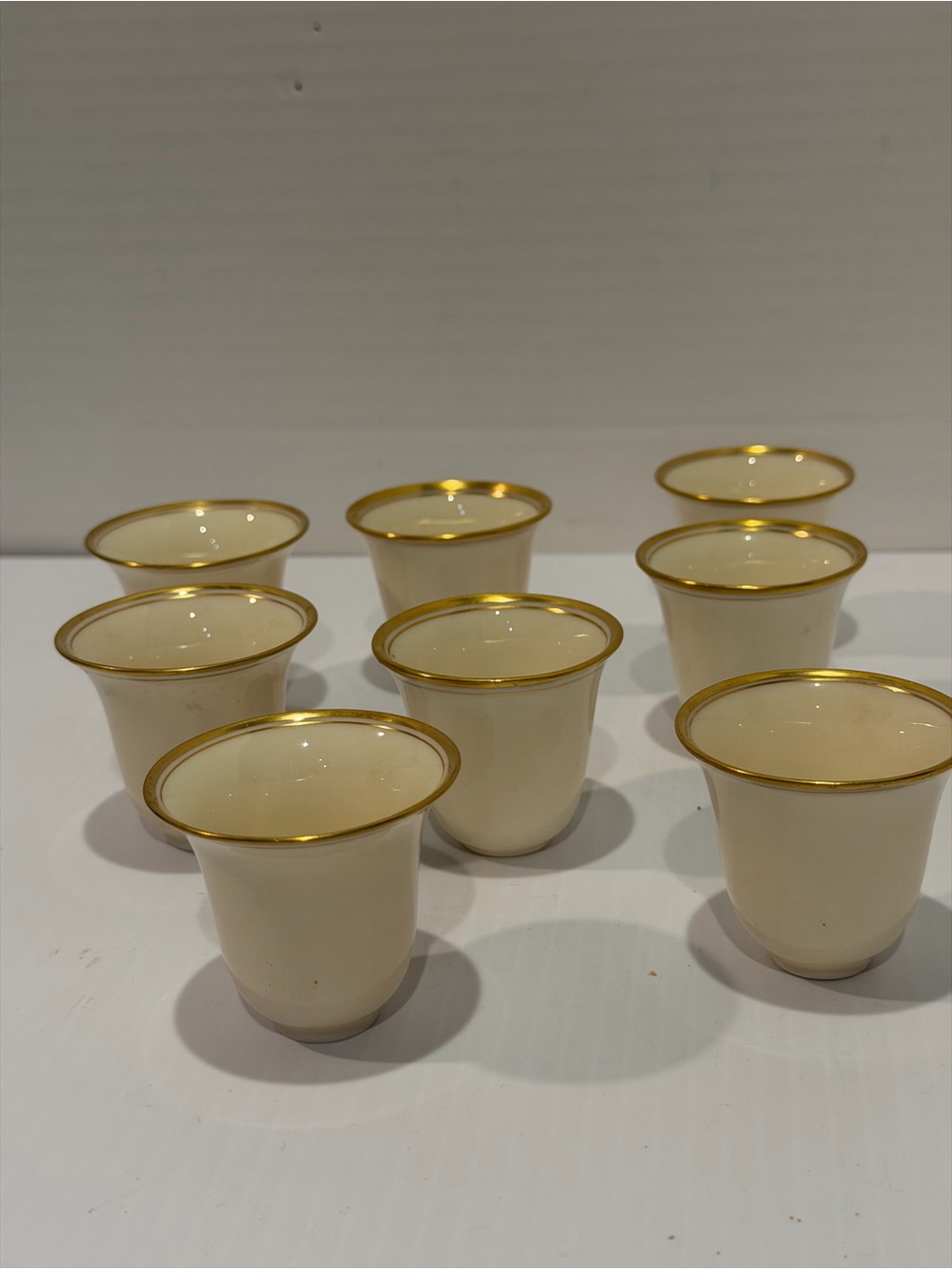 Set of 8 Lenox CREAM & GOLD EGG DEMITASSE CUP Double Gold Line Green Wreath Mark